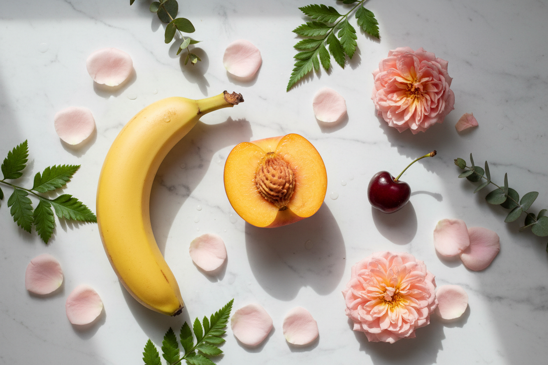 Frutas frescas sobre mármol blanco con pétalos de rosa — Guía de juguetes sexuales para mujeres según experiencia — La Juguetería de Adultos