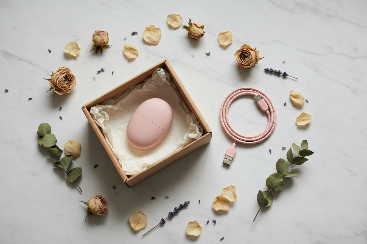 Objeto compacto en rosa blush en caja kraft con flores secas y cable USB — Juguetes sexuales discretos con envío neutro México 2026