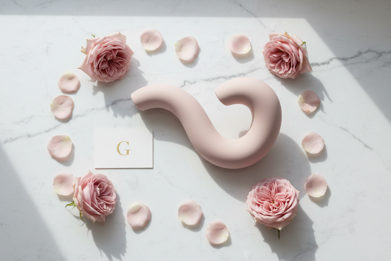 Escultura curva en rosa sobre mármol blanco — guía del Punto G y juguetes estimulantes en México