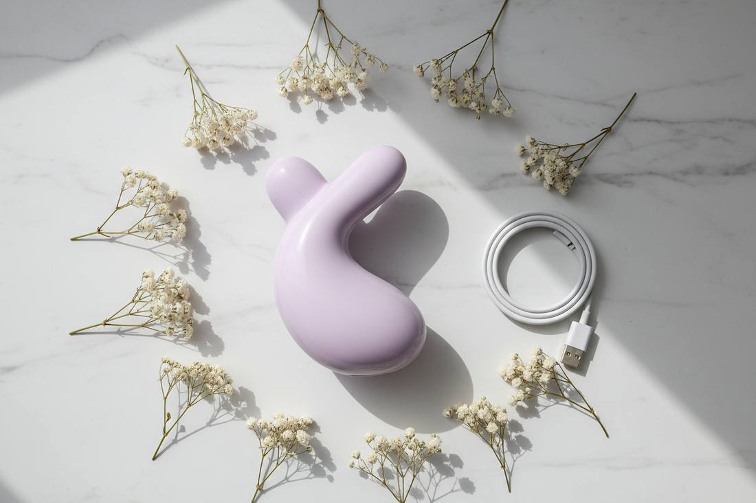 Objeto curvo en lila suave sobre mármol blanco con flores secas y cable USB — Vibradores silenciosos discretos México 2026