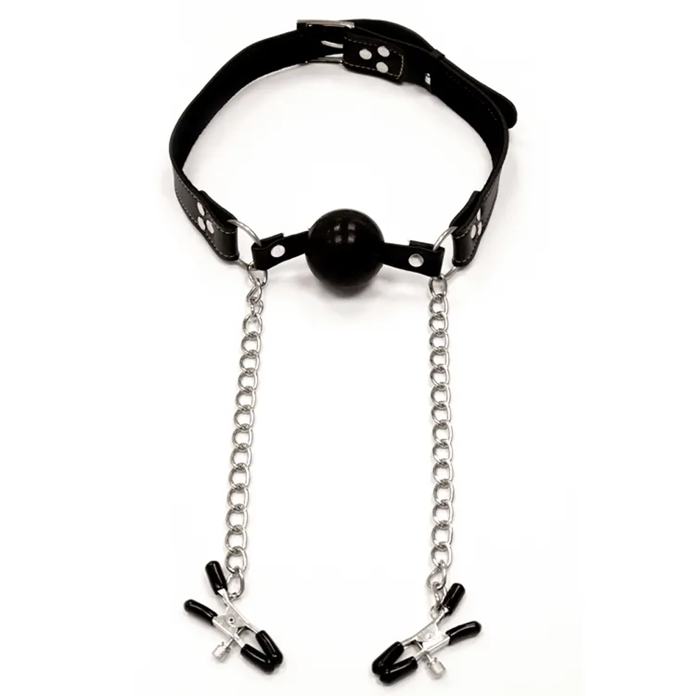 Fetish Fantasy Extreme Deluxe Ball Gag and Nipple Clamps – SILVER/BLACK