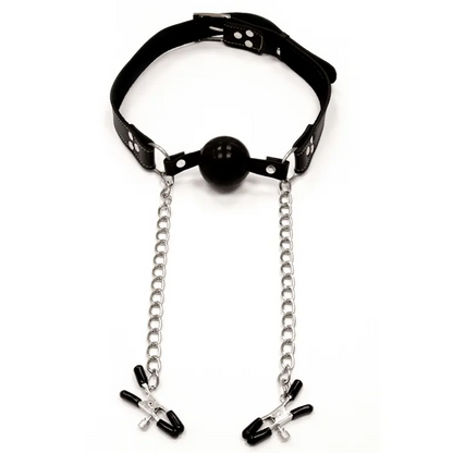 Fetish Fantasy Extreme Deluxe Ball Gag and Nipple Clamps – SILVER/BLACK