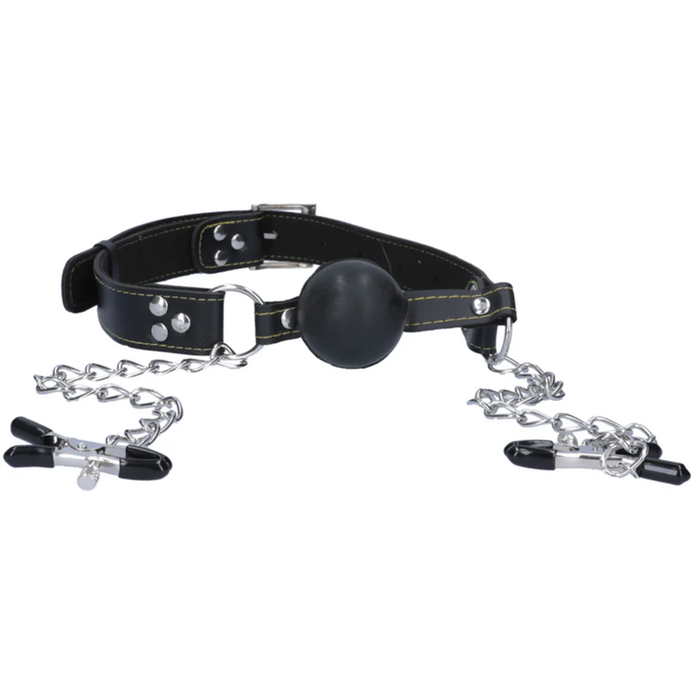 Fetish Fantasy Extreme Deluxe Ball Gag and Nipple Clamps – SILVER/BLACK