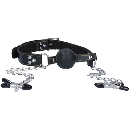 Fetish Fantasy Extreme Deluxe Ball Gag and Nipple Clamps – SILVER/BLACK