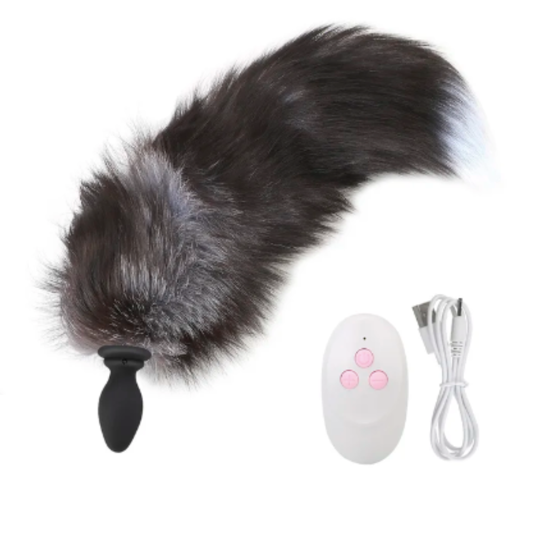 Plug anal vibrador cola de zorro negro con control remoto