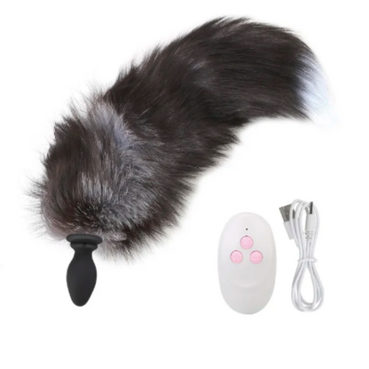 Plug anal vibrador cola de zorro negro con control remoto